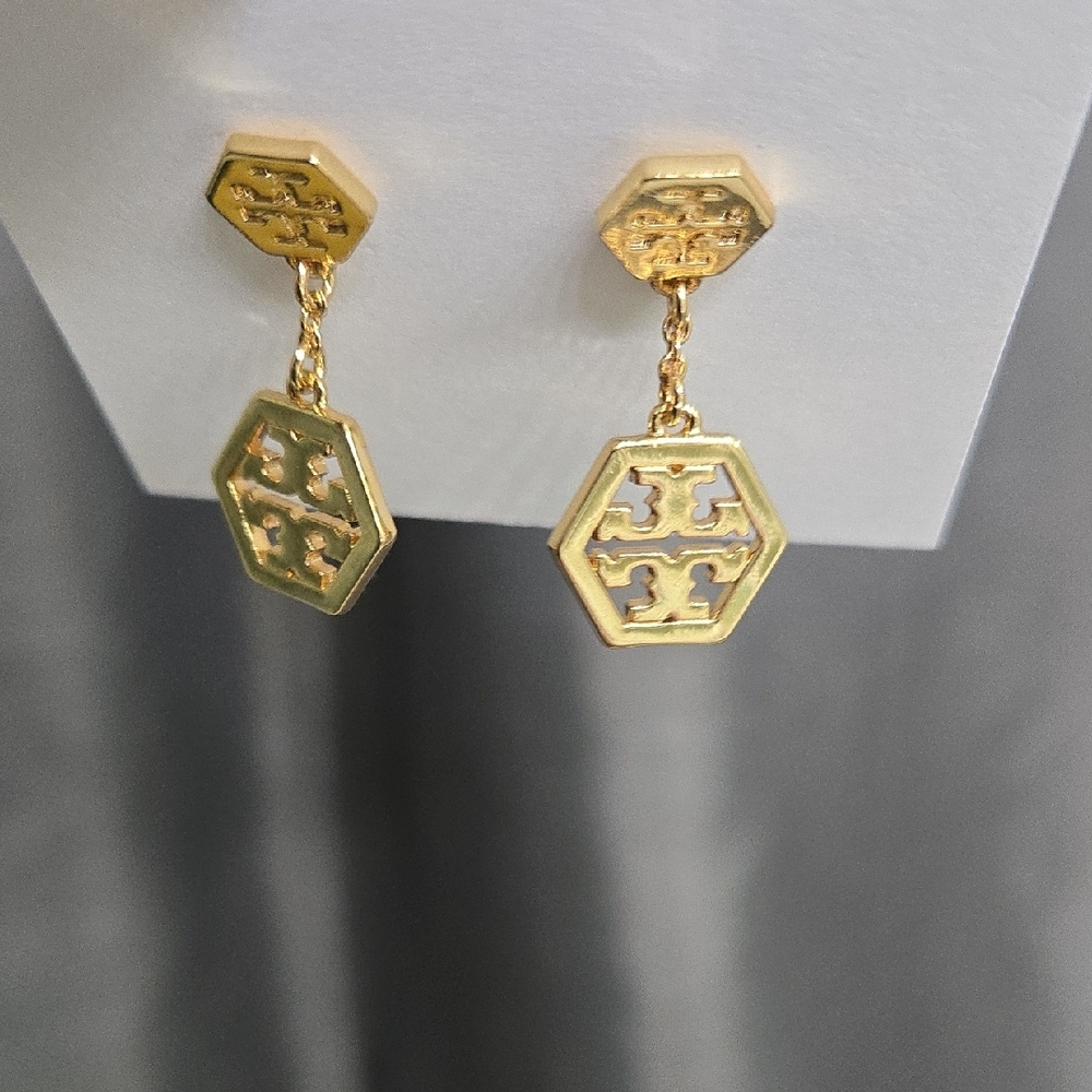 Tory Burch Gold Hexagon Drop Earrings NWOT - Picture 3 of 5